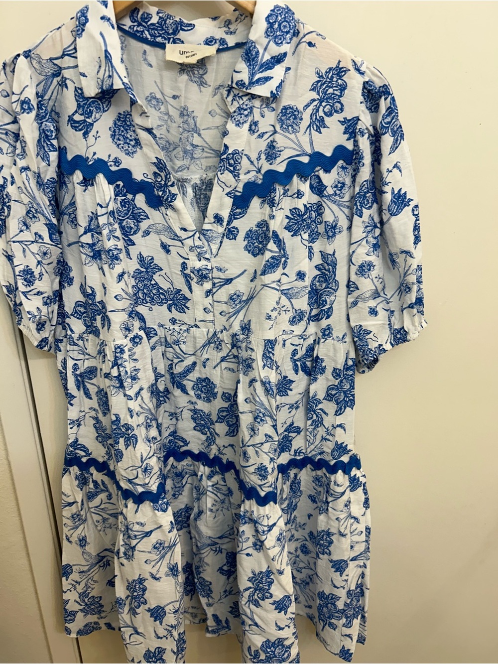 Umgee White Dress with Blue Floral Print and Rickrack Trim